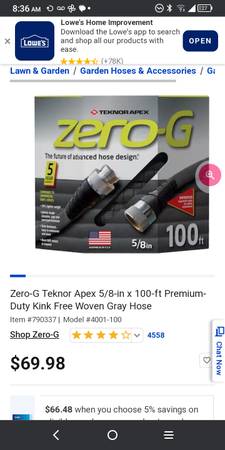 Zero g hoses 100ft58, 100 ft 34 $30