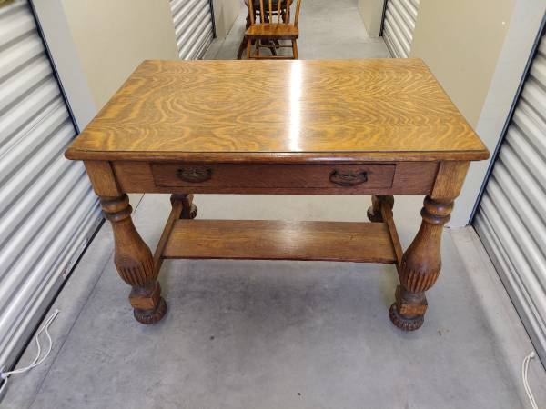 Photo Antique Oak Library Table With Vintage Bentwood Spindle Back Chair $425