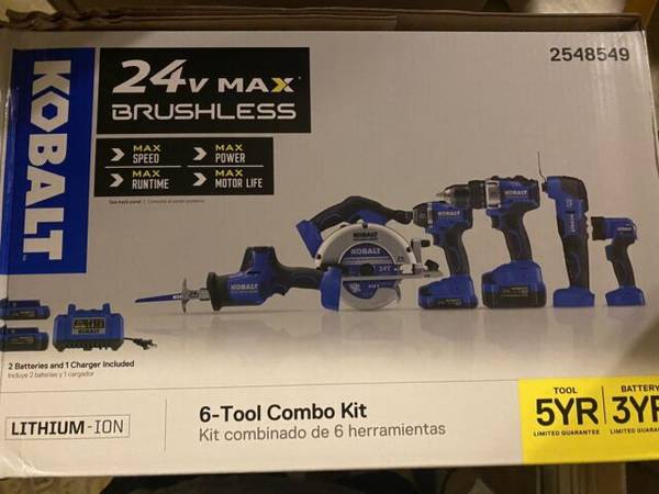 Photo New Kobalt 6 Power Tool Set, W Impact, Drill, Saws,  Light Set New $310