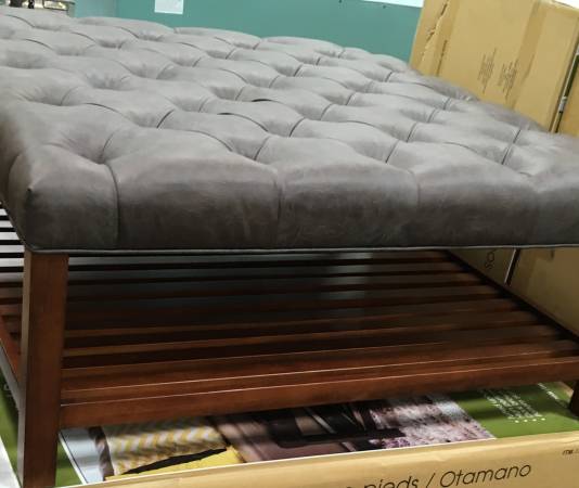 Photo Large Living Room Brown Leather  Wood Ottoman Center Coffee Table $150