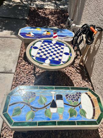 Photo Mosaic Concrete chess table w 2 bench seats $350