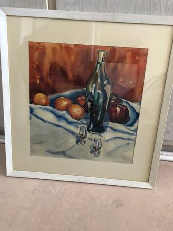 Photo Vintage F. R. Scafati Watercolor Wine Bottle And Fruit Painting $150