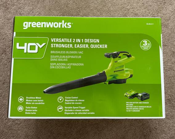 Photo Greenworks cordless 2-in-1 leaf blower and vacuum  40V 5.0Ah battery $175