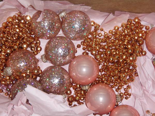 GLASS CHRISTMAS ORNAMENTS with 36 foot PINK BEADED STRING $2
