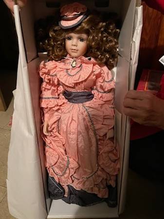 Photo Beautiful Porcelain Doll with Peach Victorian dress and accessories $75