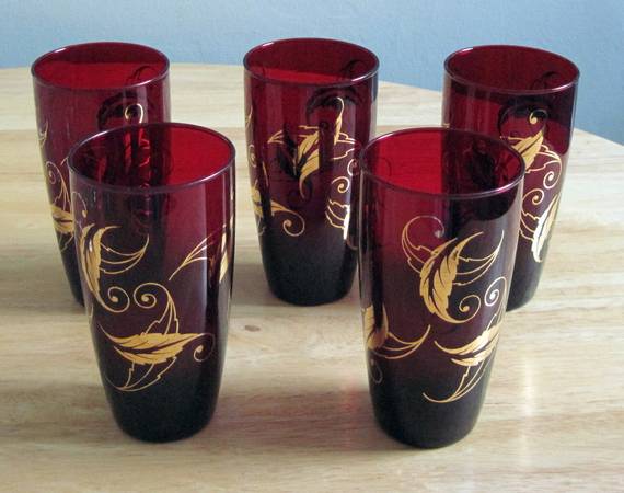 Photo 5 Mid Century Cranberry Tumblers with Gold Leafing. $30