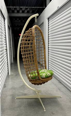 Photo Awesome Mid Century Rattan Hanging Pod Chair With Original Metal Stand and Seat $275
