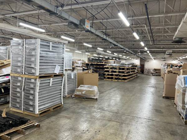 Photo Lot of 10 sections Streater brand island gondola shelving in tan col $1,500