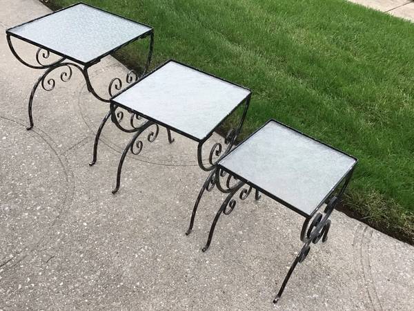 Photo Vtg. 1940s Nesting Side Tables Set 3 Wrought Iron Glass Tops Black $300
