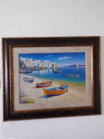 4ft x 3ft Oil Painting of Beach, Sand, Coastal, Fishing Boats, Ocean $1,500