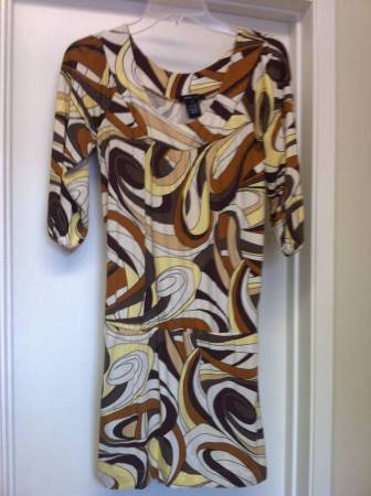 Photo BCBG MAX AZRIA Brown Yellow Tan Print Drop Waist Mini Dress XS $15
