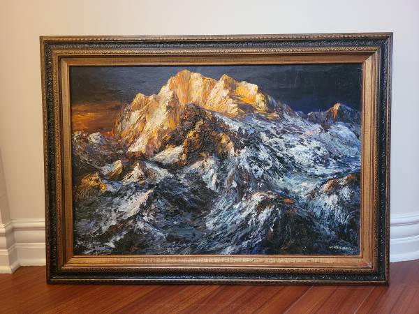 Photo Evening Glow on Rocky Mountain Oil Painting 43x31 Mountain Peak $349