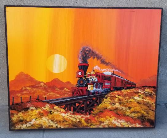 Photo Fred Bonn Acrylic Oil Painting on Board Railroad Steam Engine Train $300