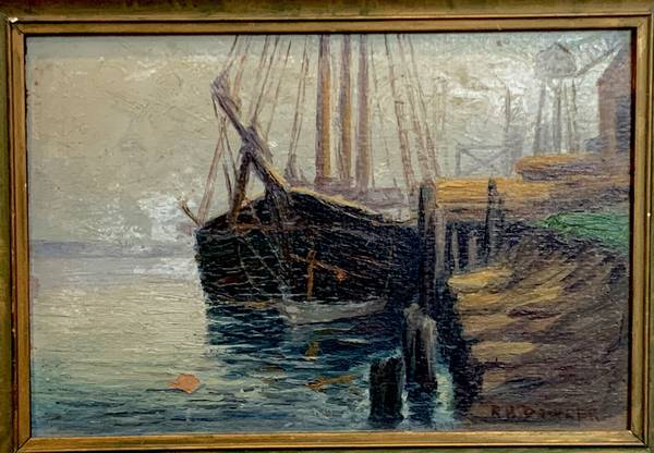 Photo Listed Rhode Island Artist R.H. DOWLER c1928 Harborscape Oil Painting $175