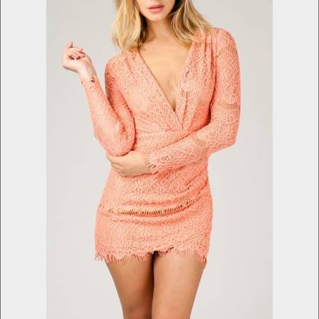NEW ANGL Peach Lace Deep V Neck Long Sleeve Mini Dress Sz Small $50