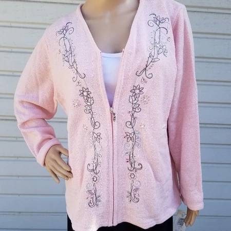 Photo NEW Allison Daley Vtg 90s Embroidered Bejeweled Floral Zipper Sweater $25