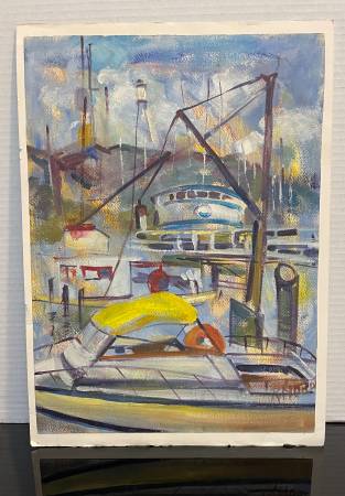Photo Original Oil Painting Boats at Dock, Santa Barbara by Rosalind Nordli $40