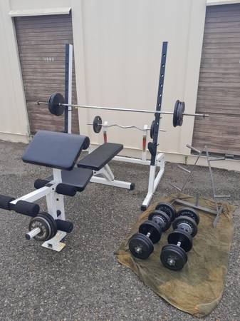 Photo Squat Rack Bench Press with weights and dumbells $550