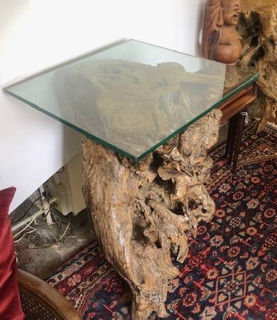 Photo Teak Wood Free-Form Floor Standing Art Piece Table (2) $450