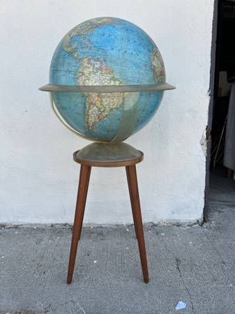 Vintage 16in World Globe On mid century Modern Wood Stand. $175