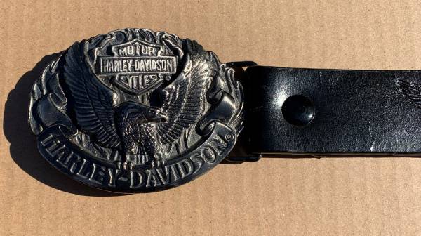 Photo Vintage Harley Davidson Black Engraved Belt with HD Eagle Belt Buckle $20