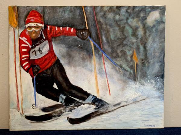 Photo c1960s Swiss Alpine Skiier Skiing Oil Painting by M. Kangas Sports $250