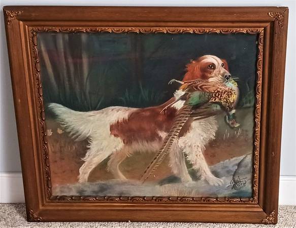Photo Vintage Dog Hunting Pheasant Picture Wood Frame Metal Accents $100