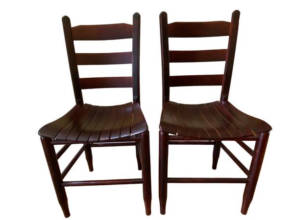 Photo Antique Pair Solid Wood Ladder Back Slat Seat Chairs $128
