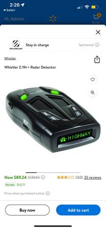Photo Whistler Z-19r Radar Detector $60