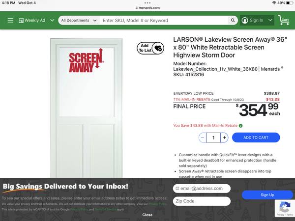 Photo Larson Lakeview storm door-brand new $250
