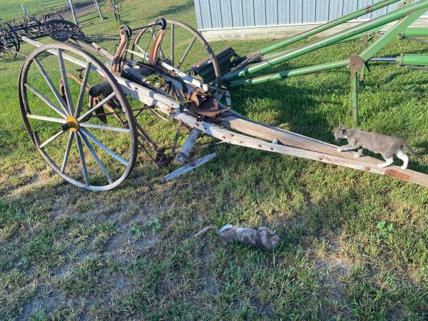 Photo Very old wooden horse cultivator with cast iron seat $100