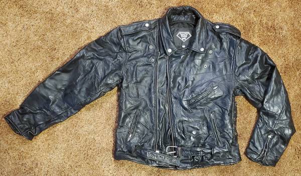Photo Vintage Diamond Plate Buffalo Leather Black Motorcycle Jacket, Mens M $90