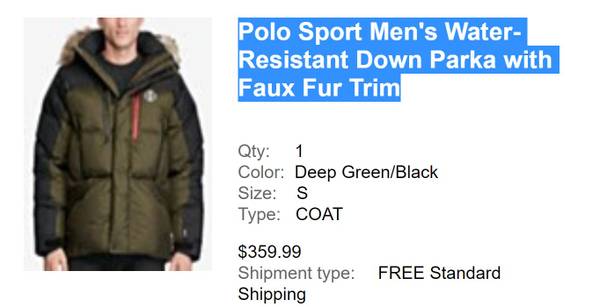 Polo Sport Mens Water-Resistant Down Parka with Faux Fur Trim $150