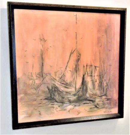 Photo Original Vintage Watercolor Framed Sailboat at Sunset Great Price $40