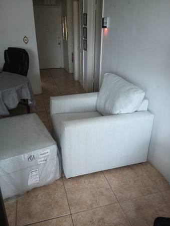 Photo Selling My Brand New Avalon Light Blue Fabric Chair And Ottoman $425