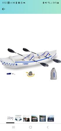 Photo large 3 person inflatable SEA EAGLE SE370 kayak with paddles $140