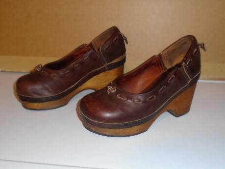 Photo Vintage Zodiac Wooden Leather Platform Shoes, Size 6 1970s $345