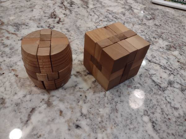 Photo (2) Vintage Japanese Mini Wood Barrel  Cube Brain Teaser Kumiki Puzzl $20