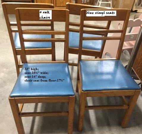 4 Oak Chairs,blue vinyl seatskitchen nook,small apt.,dorm,cabin,loft $160