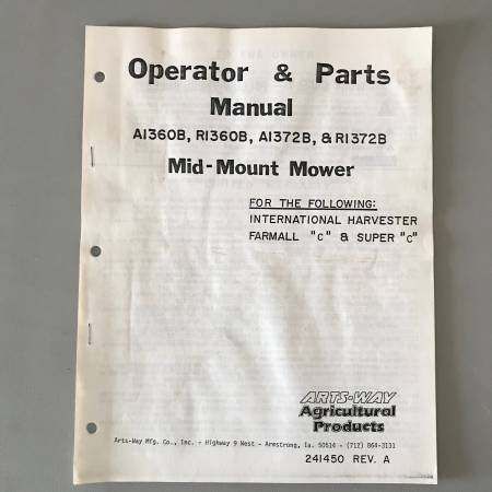Photo Farmall Mid-Mount Mowers for C  Super C operator  parts manual $5