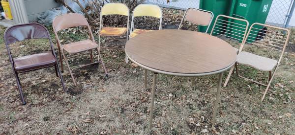 Photo Folding Tables and Steel Chairs Vintage MCM wContoured Seats Holiday