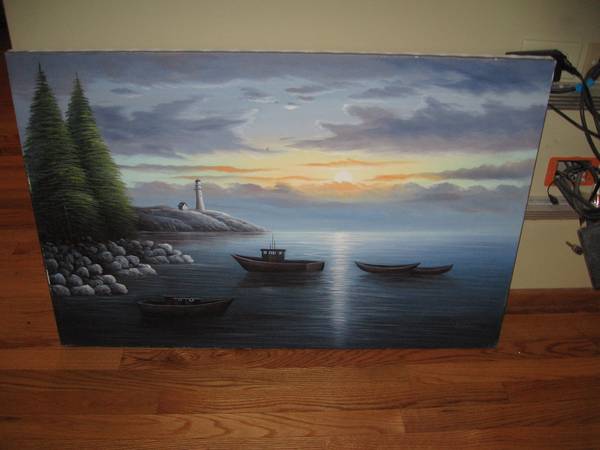 Photo K Hosking Lighthouse and Boats Orginal Oil Painting 36 x 24 Inches $49