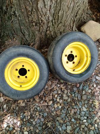 Photo Nice Pair of 2 ply Smooth Tires on 5 lug John deere Rims $80