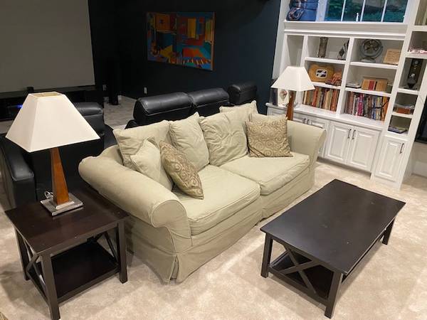Photo Pottery Barn two matching couches with tables, ls and pillows $399