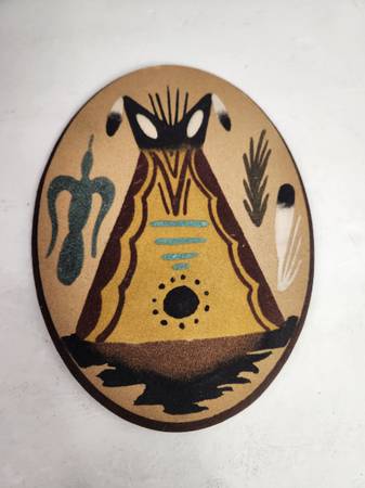 Photo Vintage Native American Indian Sand Teepee Painting on Wood By Nellie $30