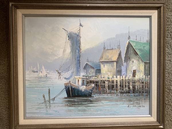 Photo L. Thomas Oil Painting Blue Seascape Docks Boats 25 x 21 $200
