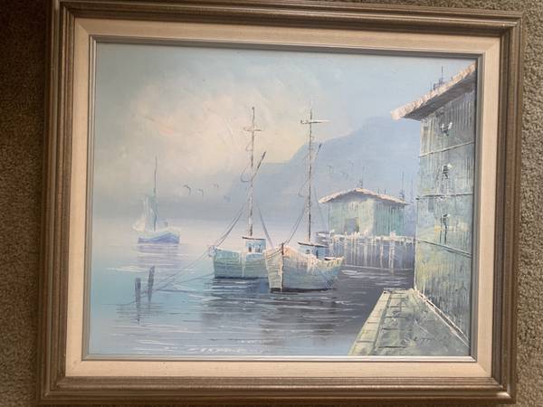 Oil Painting Blue Seascape Docks Boats 25 x 21 $200