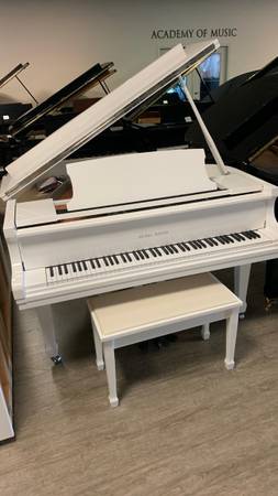 Photo Pearl River Royal White with Silver Accents 410 Smallest Baby grand $125mo Bl $9,500