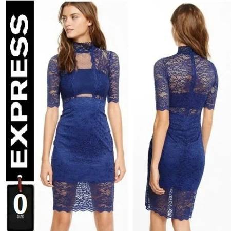 Express lace sheath mock neck dress, size 0, navy blue, short sleeve $30