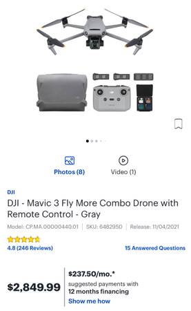 Photo DJI Mavic 3 Drone - Like New - $1,875